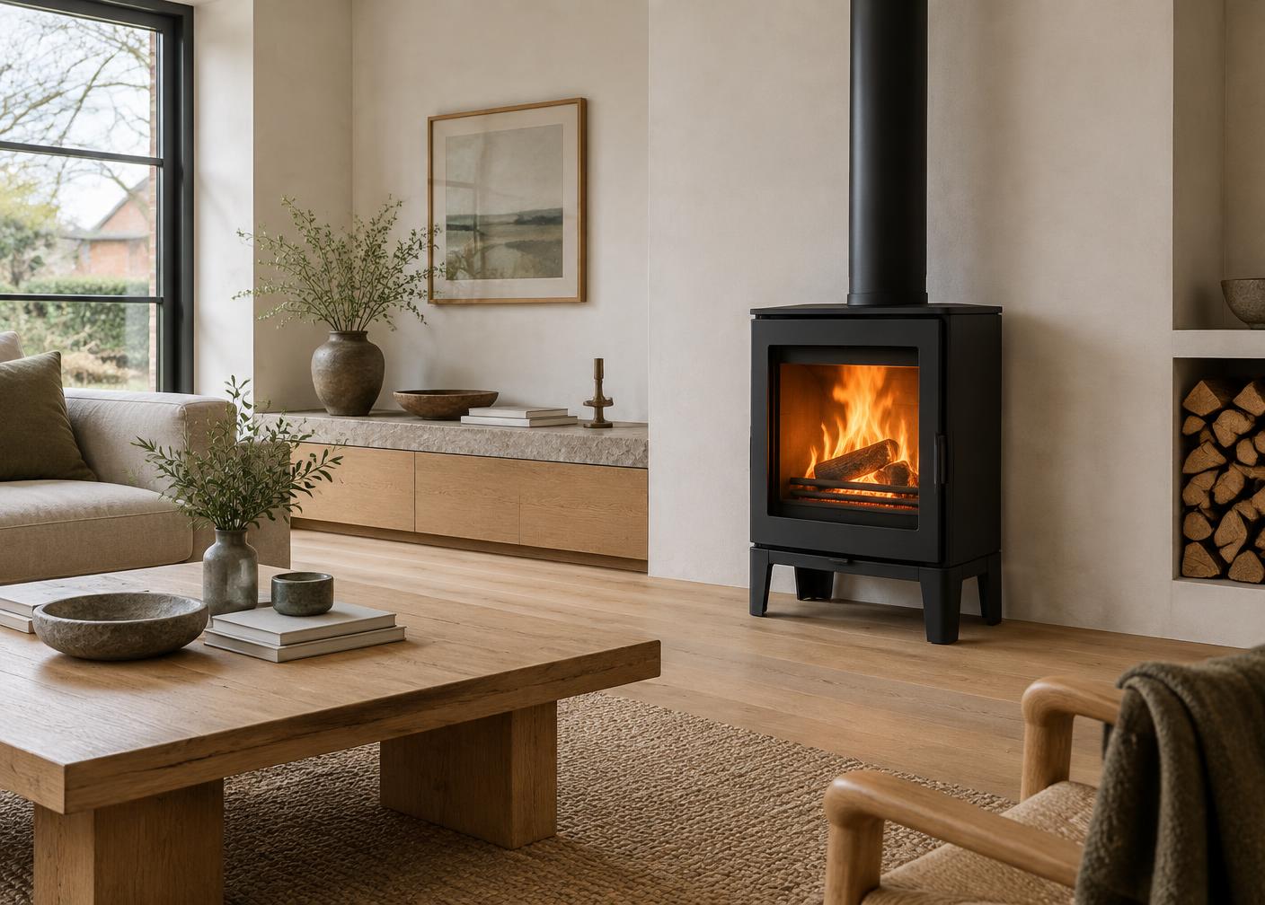 Houtkachel in een lichte woonkamer